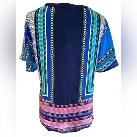 NWT Scarf Print Short-Sleeve Blouse by Fun 2 Fun navy pink teal satin Stitchfix - Picture 11 of 16
